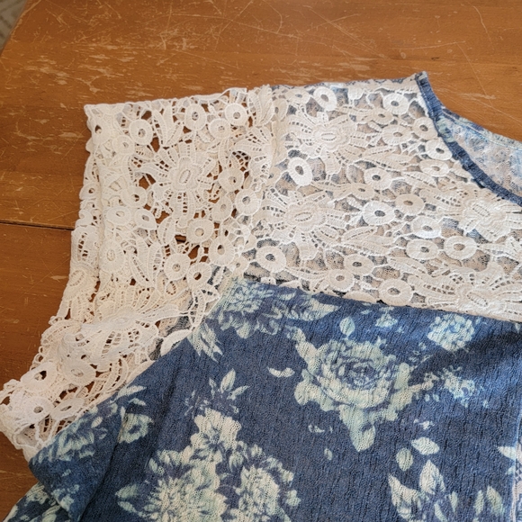 Suzanne Betro Womens Ivory & Blue Floral Lace Blouse Plus Size 4X - Picture 8 of 11